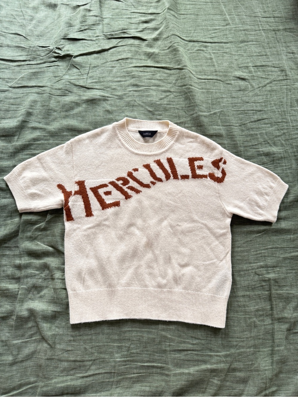 Cream Crewneck Short-Sleeve Sweater with Rust "HERCULES" Detail